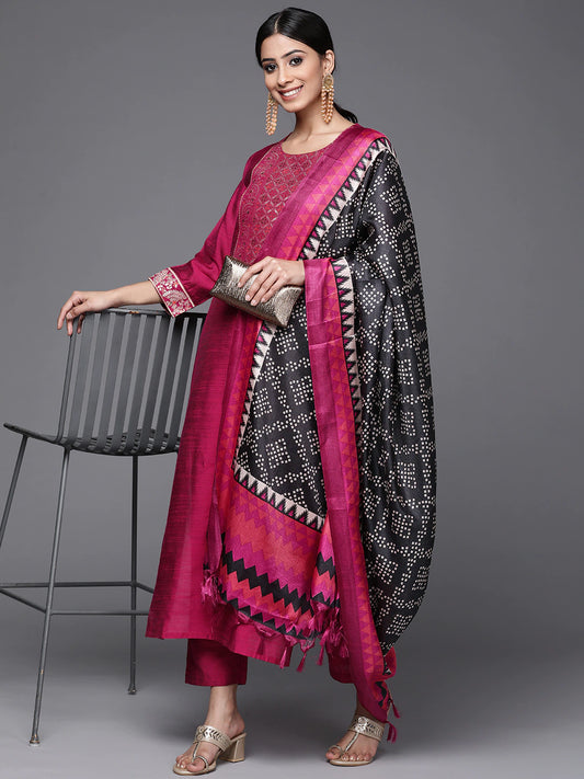 Women Magenta & Golden Ethnic Motifs Yoke Design Kurta with Trousers & Dupatta