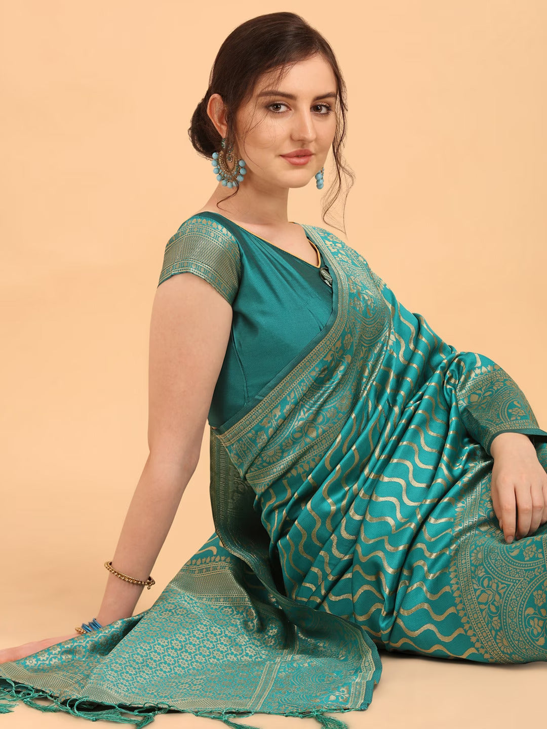 Green & Gold-Toned Silk Blend Fusion Leheriya Saree