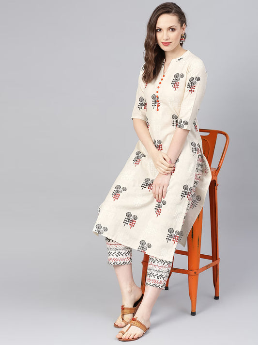 Women Beige Ethnic Print Straight Kurta Set With Side Pockets