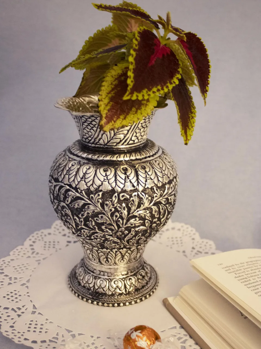 Antique Silver Plated Intricately Hand Carved Flower Vase