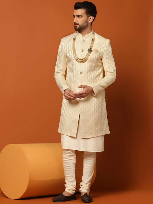 Woven-Design Cotton Sherwani Set