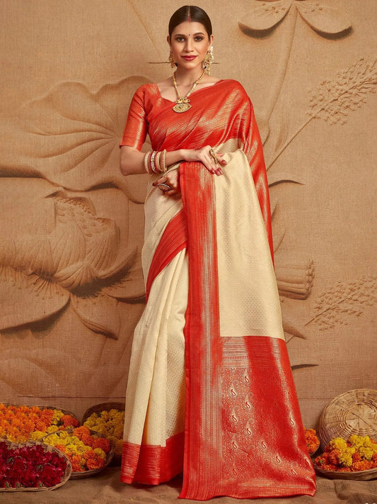 Womens Silk Blend Off White Woven Designer Saree with Unstitched Blouse