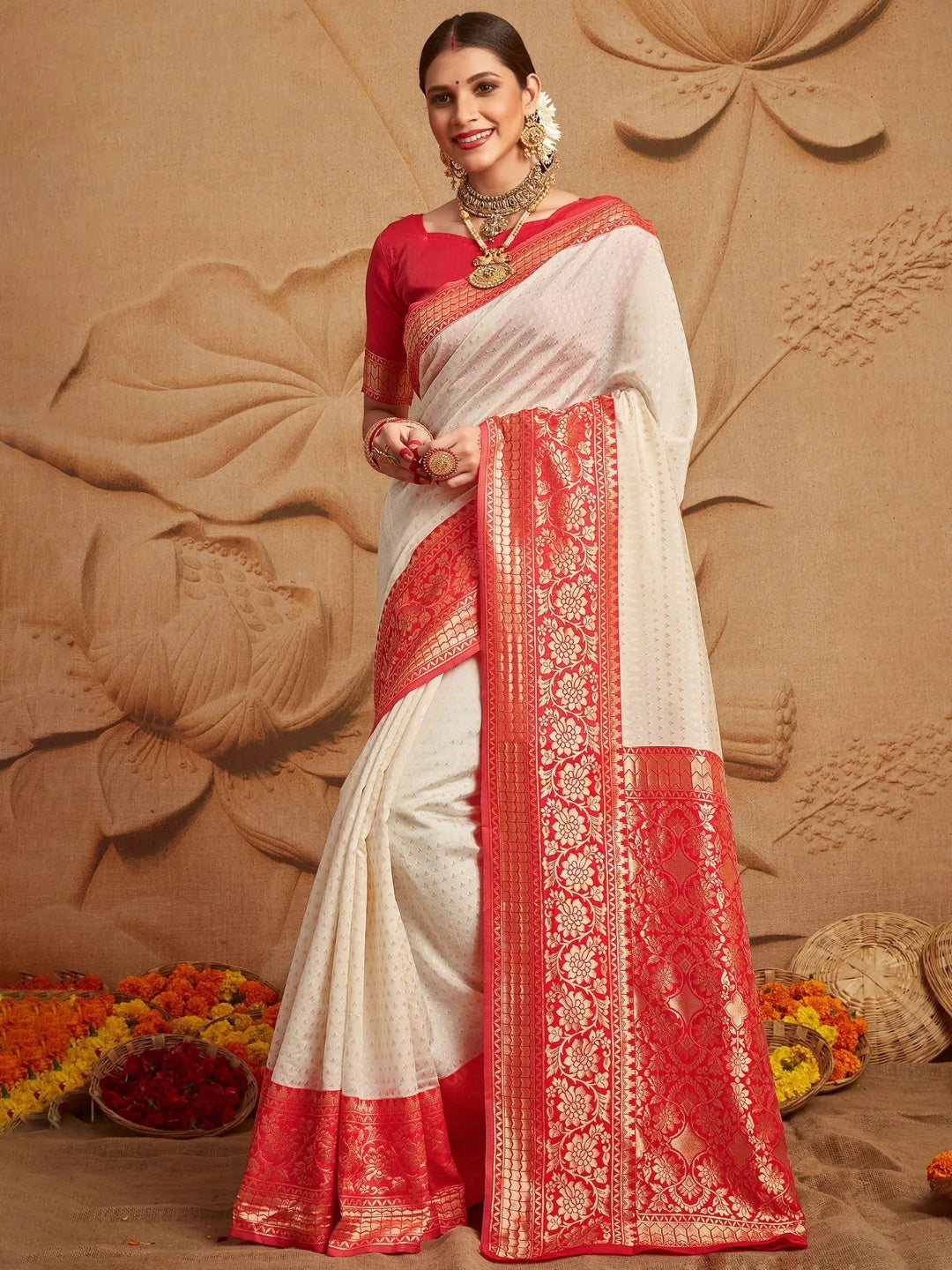 Womens Silk Blend Off White Woven Designer Saree with Unstitched Blouse