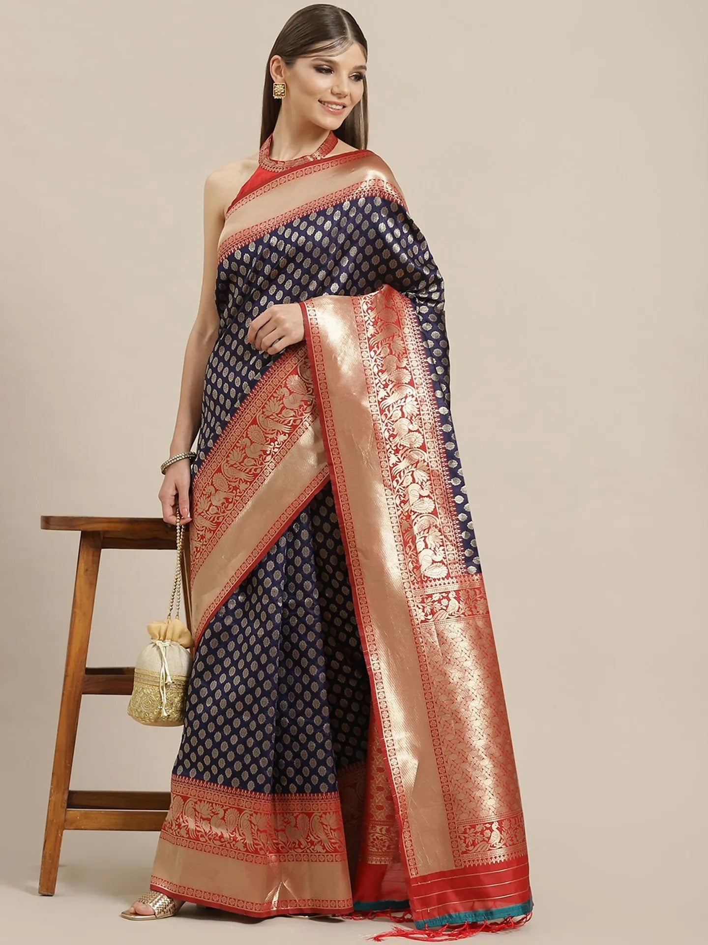 Navy Blue & Red Golden Zari Work Banarsi Saree with Unstitched Blouse