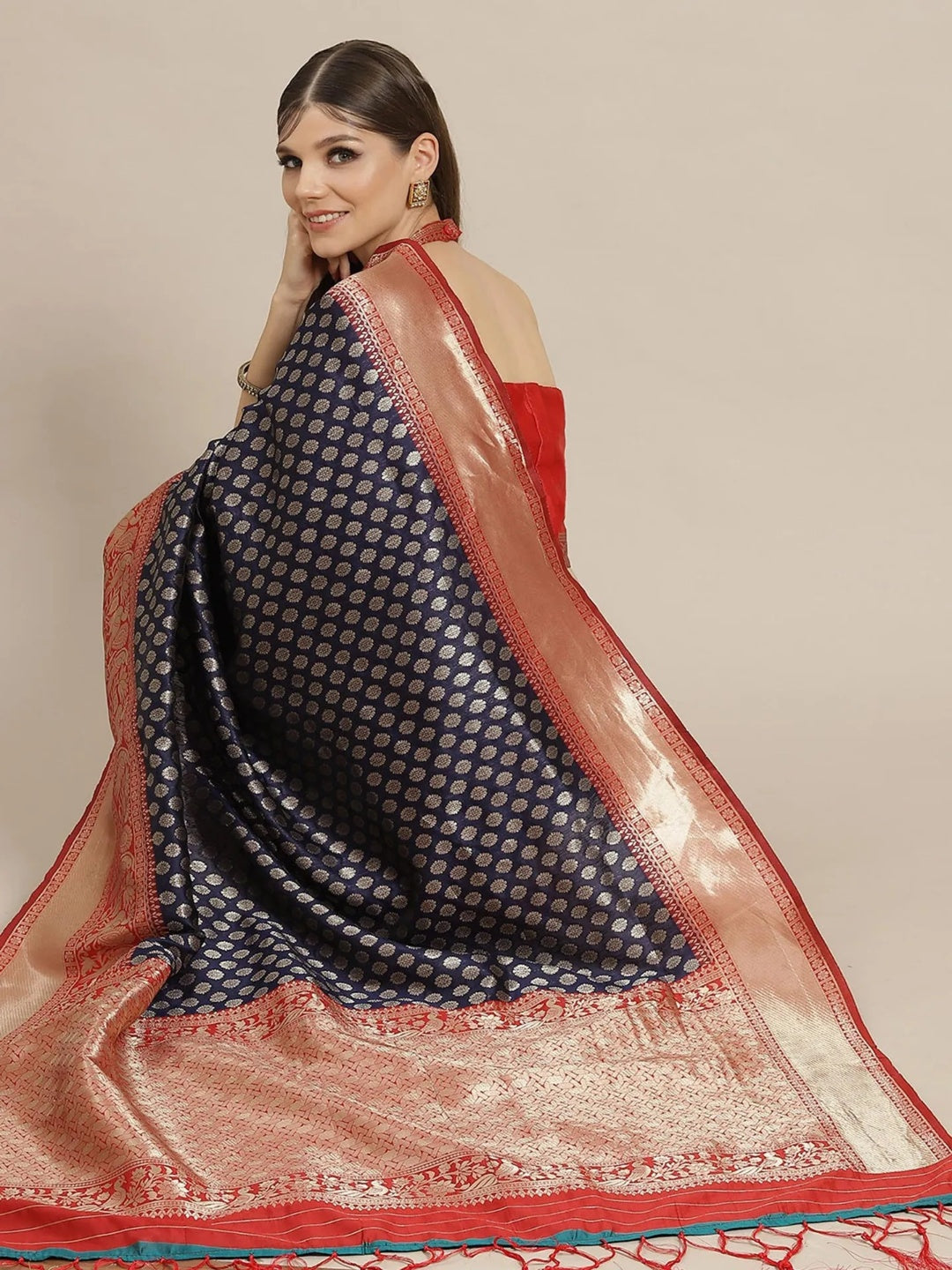 Navy Blue & Red Golden Zari Work Banarsi Saree with Unstitched Blouse