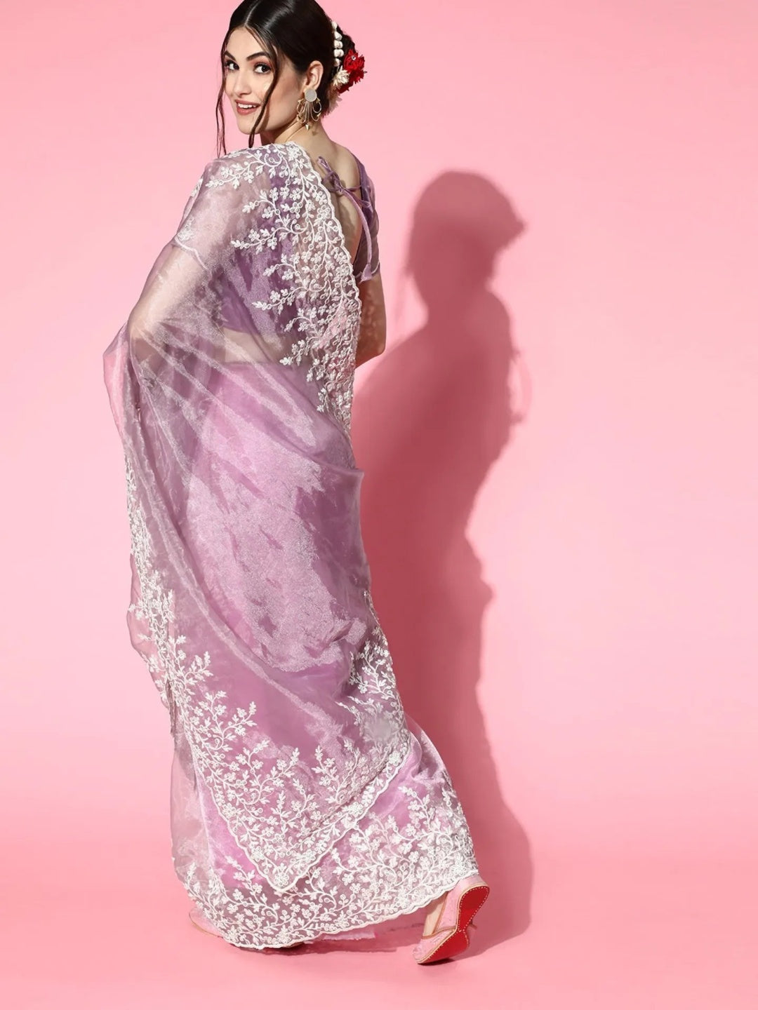 Organza Embroidered Saree with Swarovski with Unstitched Blouse