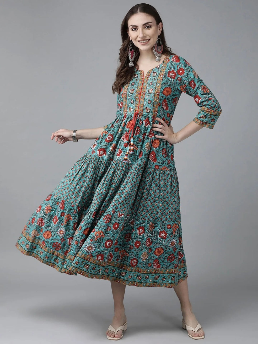Women Green & Red Ethnic Pure Cotton A-line Midi Dress
