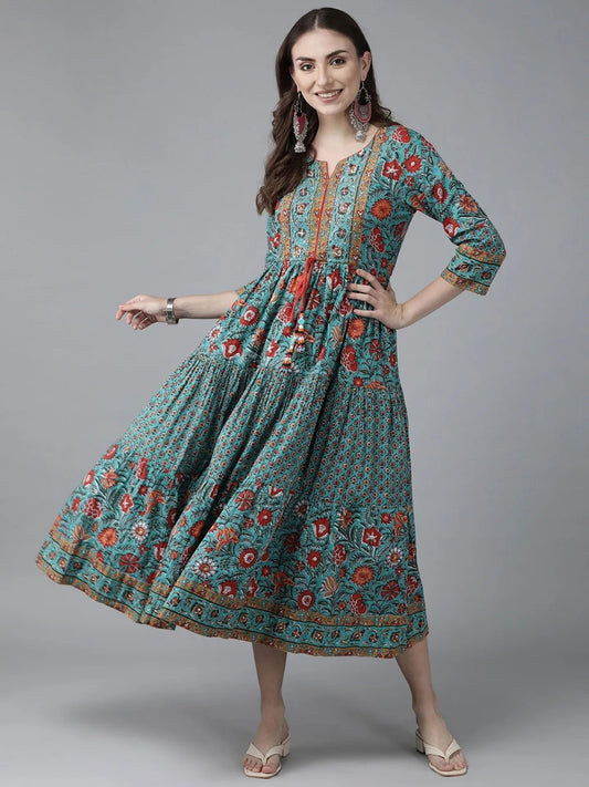Women Green & Red Ethnic Pure Cotton A-line Midi Dress