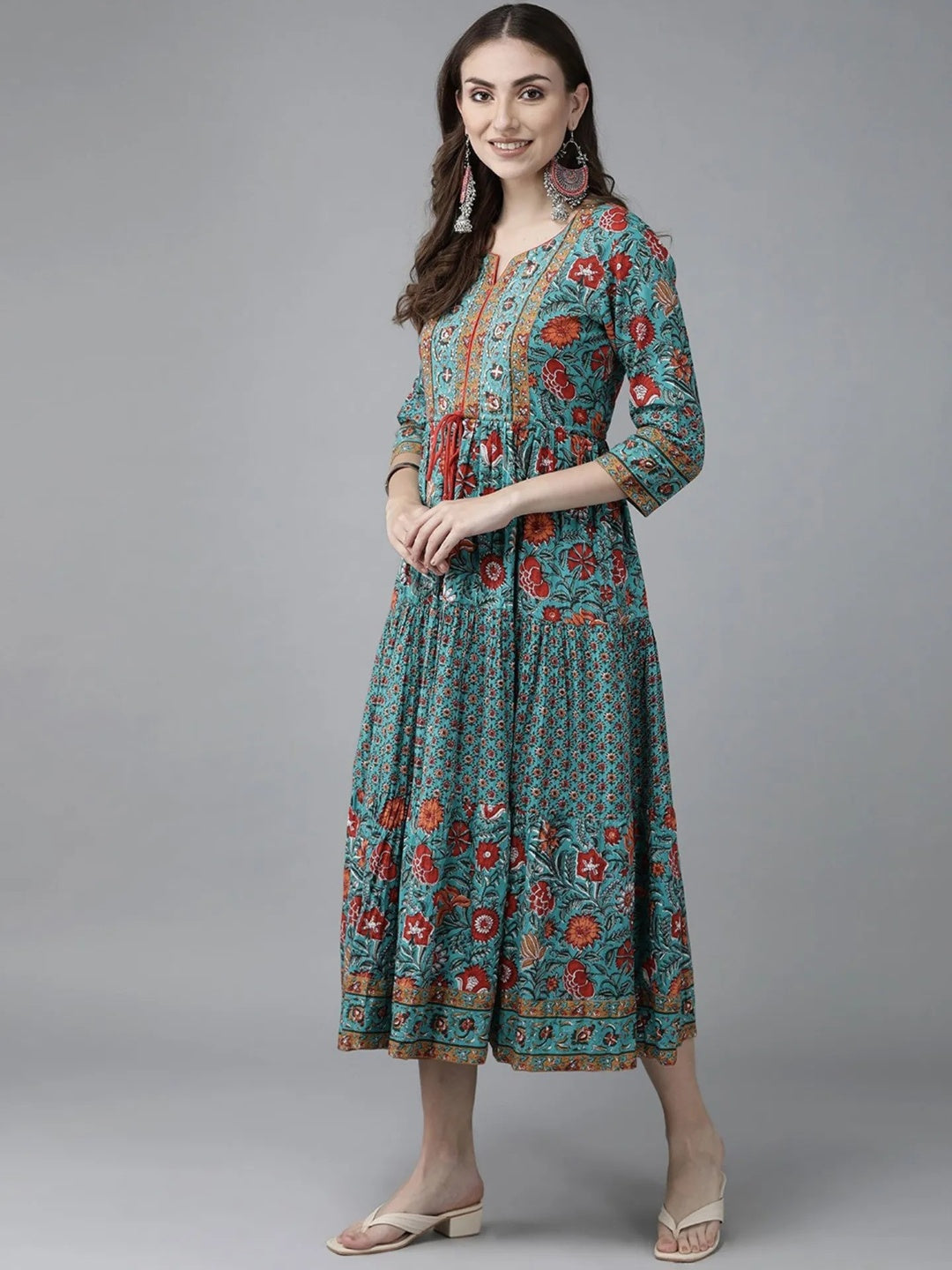 Women Green & Red Ethnic Pure Cotton A-line Midi Dress