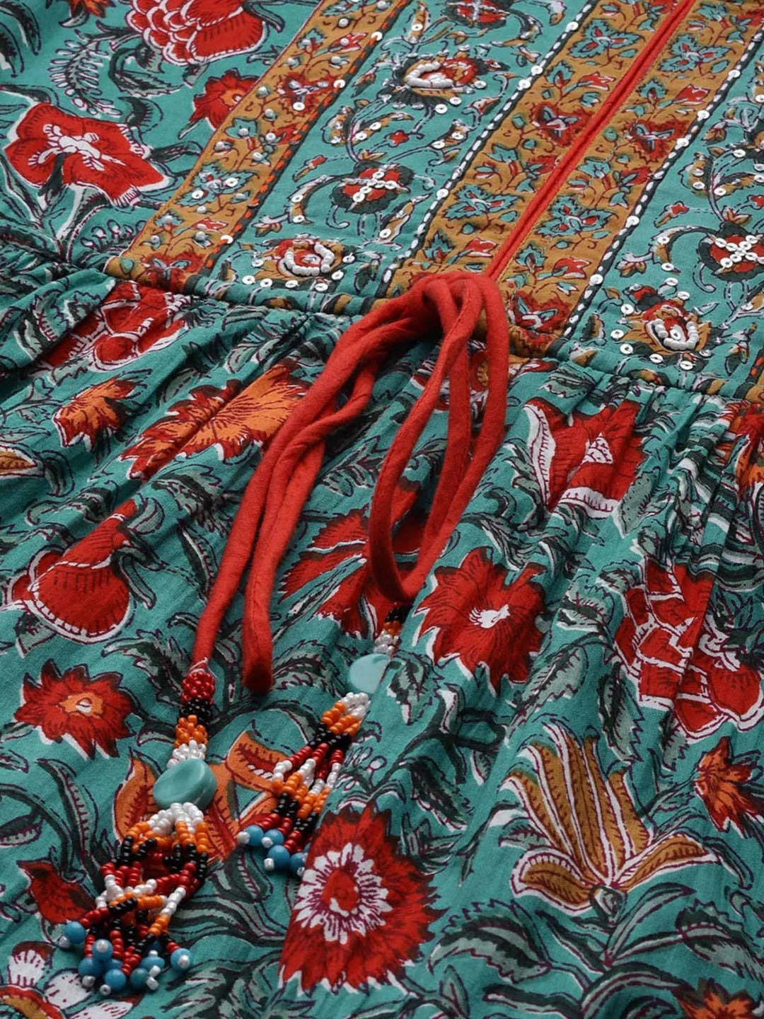 Women Green & Red Ethnic Pure Cotton A-line Midi Dress