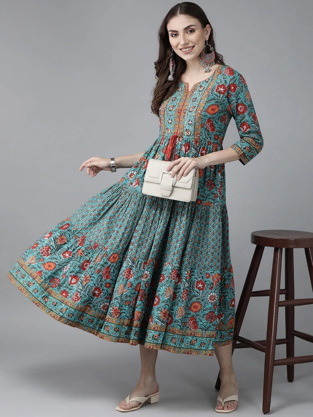 Women Green & Red Ethnic Pure Cotton A-line Midi Dress