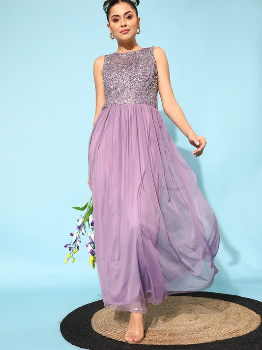 Women Elegant Lavender Solid Dress