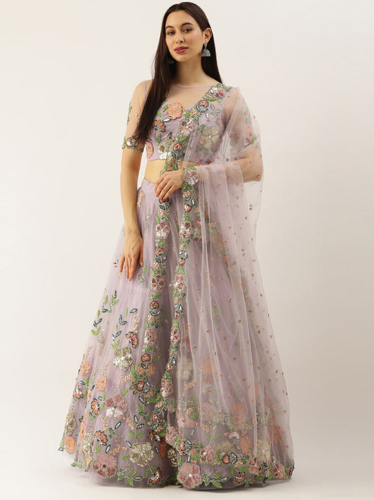 Mauve & Orange Embroidered Sequinned Semi-Stitched Lehenga & Unstitched Blouse With Dupatta