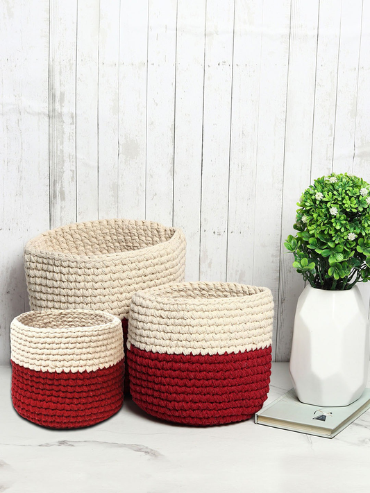 Maroon and Cream Set of 3 Color blocked Jute Crochet Baskets