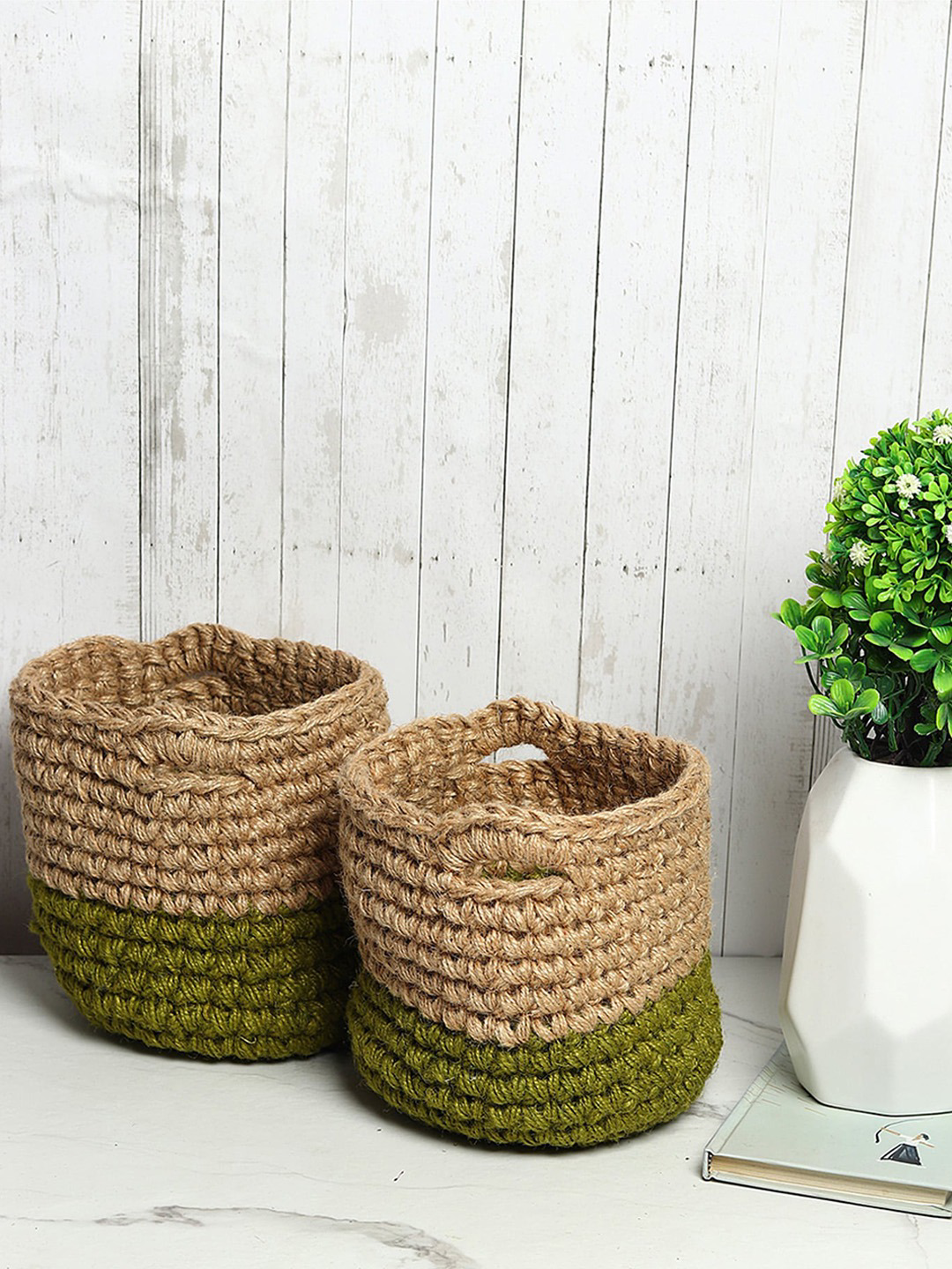 Beige & Green Set of 2 Color blocked Jute Crochet Baskets