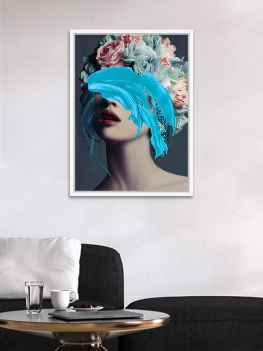 Blue & Beige Floral Painting Canvas Framed Wall Art
