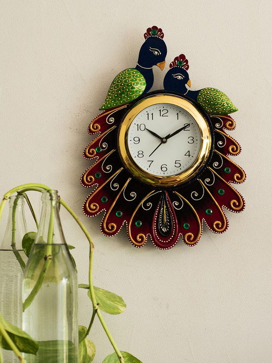 White & Maroon Handcrafted Bird Shaped Printed Analogue Wall Clock