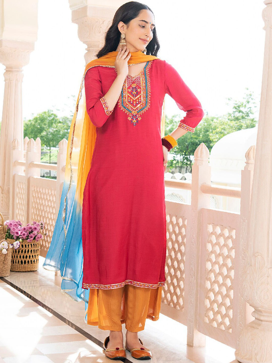 Ethnic Motifs Embroidered Liva Kurta with Palazzos & Dupatta