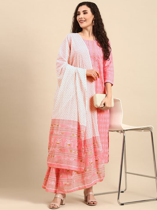 Women Pink Pure Cotton Printed Gotta Patti Kurta Set With Dupatta