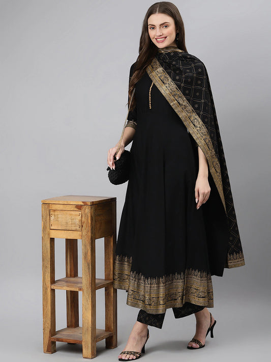 Women Black Ethnic Motifs Printed Kurta with Palazzos & With Dupatta