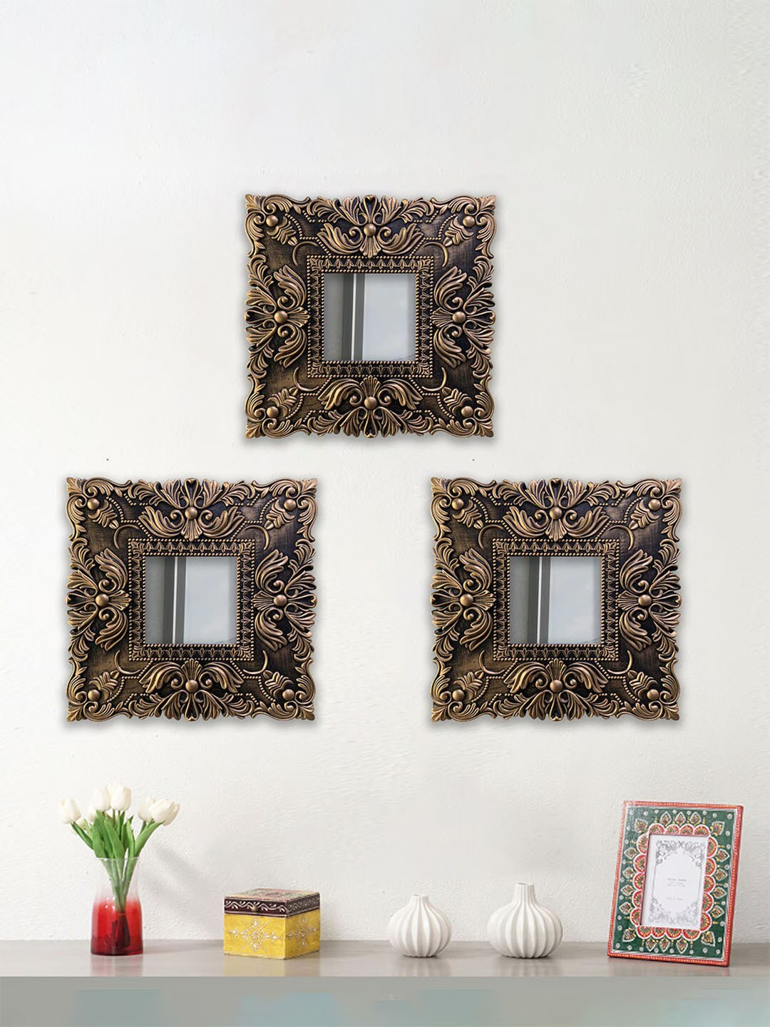 3 Pieces Brown Square Framed Decorative Mirror Wall Hangings