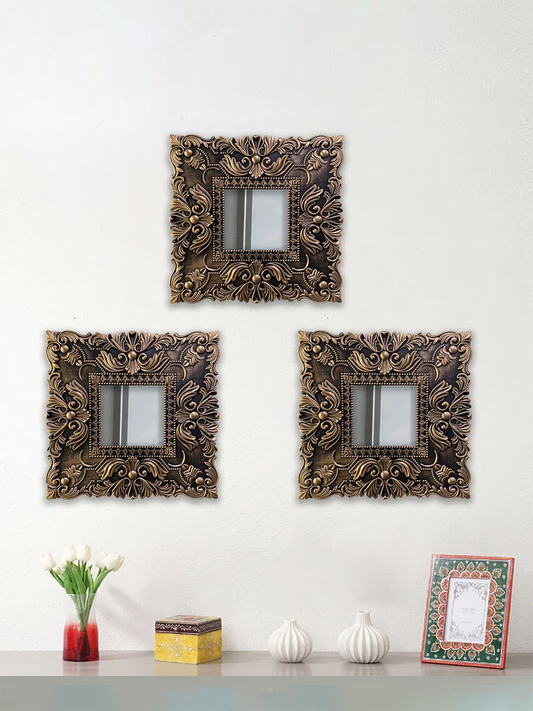 3 Pieces Brown Square Framed Decorative Mirror Wall Hangings