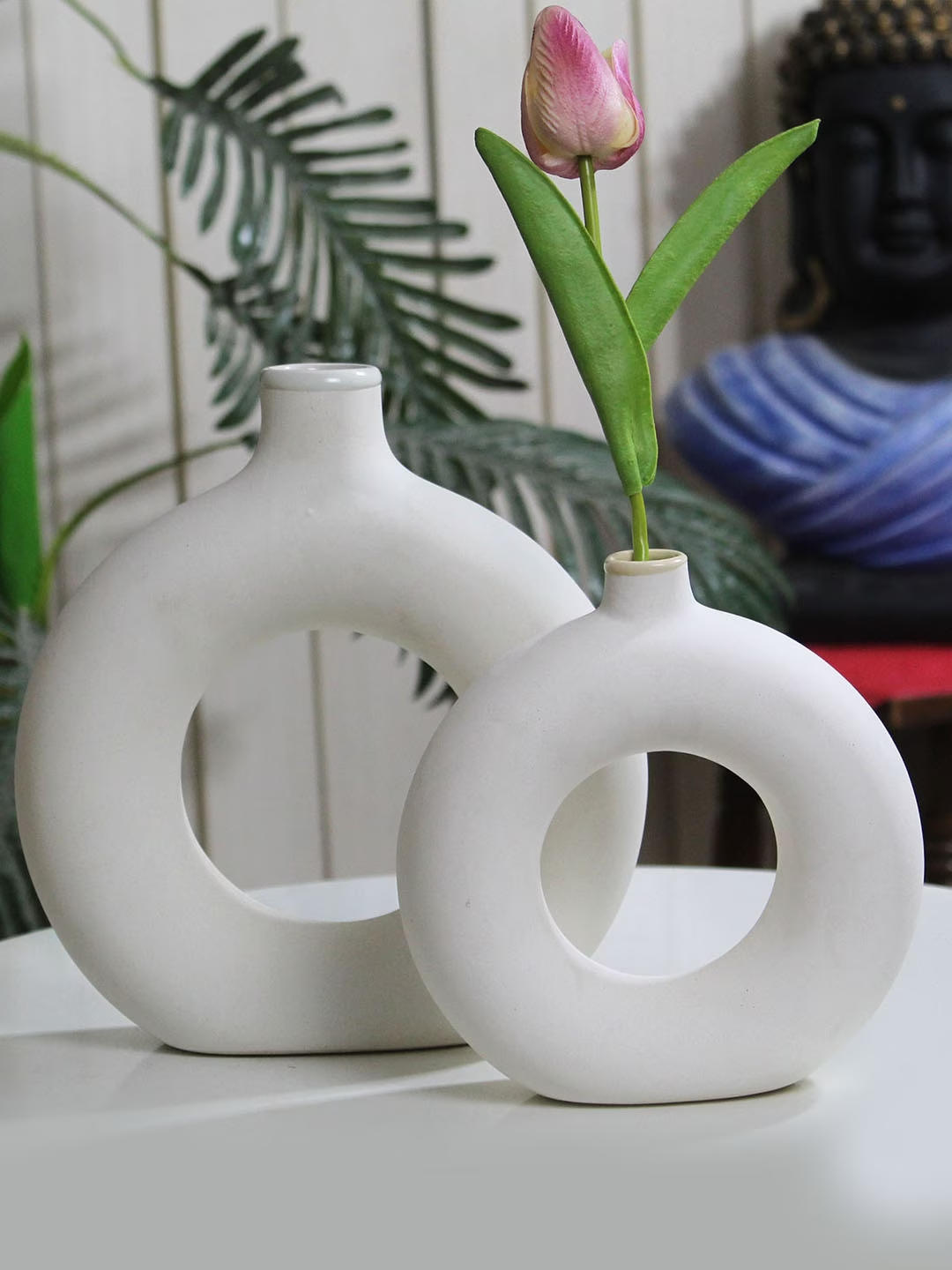 White 2 Pcs Donut-Shaped Ceramic Flower Vases