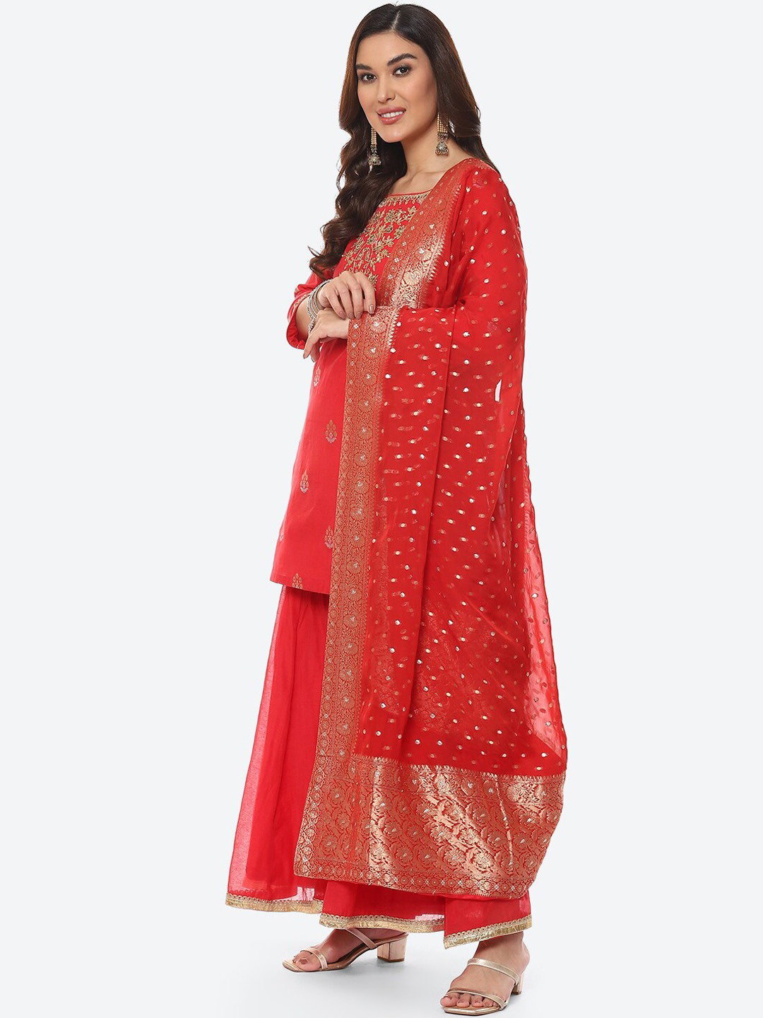 Women Red Floral Embroidered Kurta with Sharara & With Dupatta