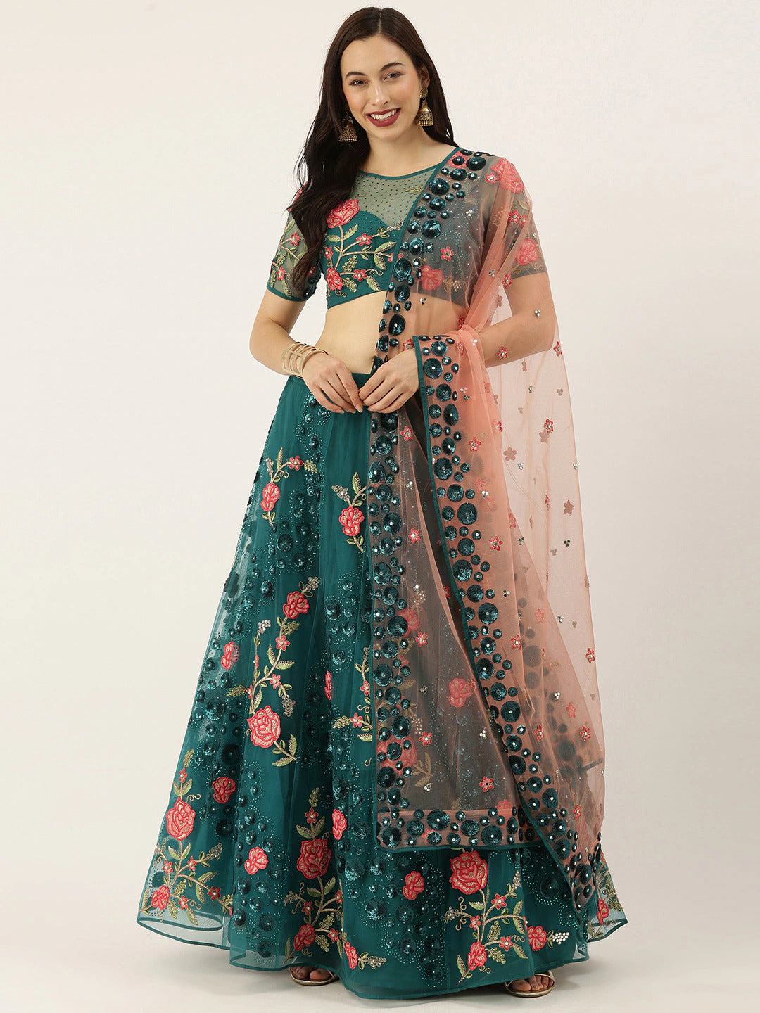 Teal & Pink Embroidered Semi-Stitched Lehenga & Unstitched Blouse with Dupatta