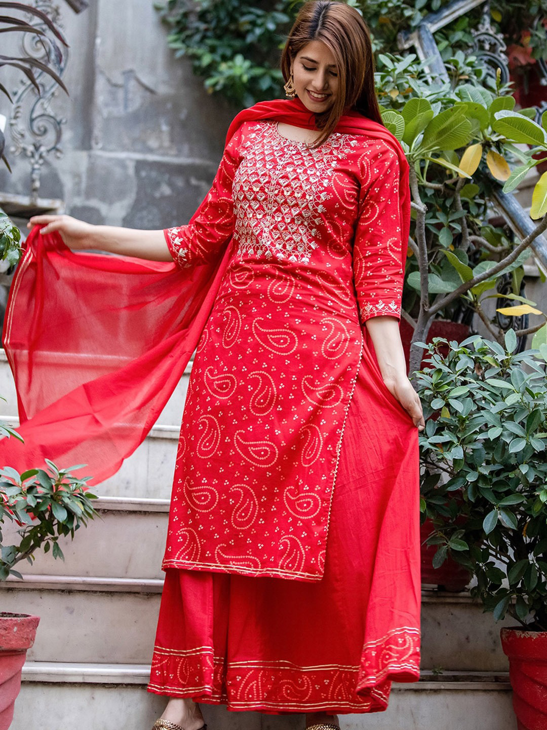 Women Red Bandhej Embroidered Kurta With Sharara & Dupatta
