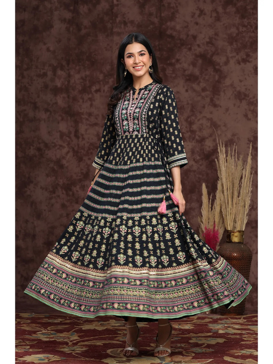 Rayon Embroidered Flared Dress