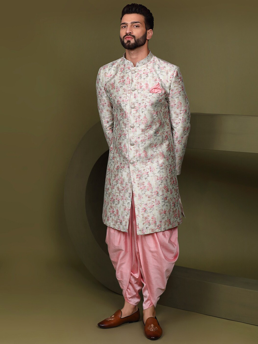 Men Woven Design Straight Sherwani Set