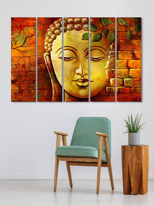 Set of 5 Orange & Yellow Printed Meditating Buddha Framed Wall Art