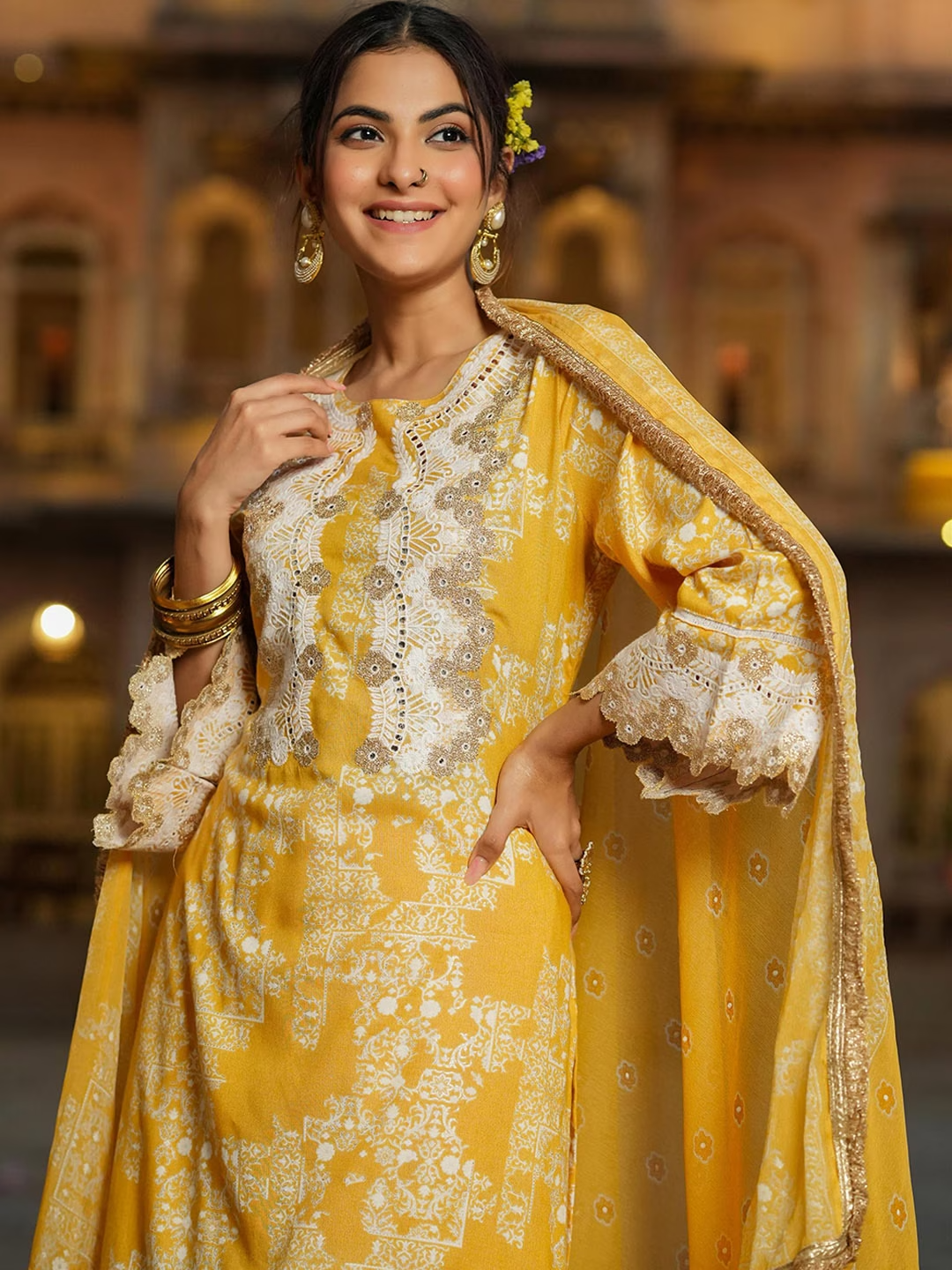Ethnic Moifs Printed Mirror Work Kurta with Sharara & With Dupatta