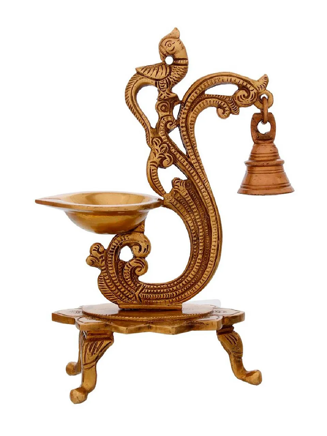 Antique Finish Brass Parrot Showpiece Diya with Bells and Stand