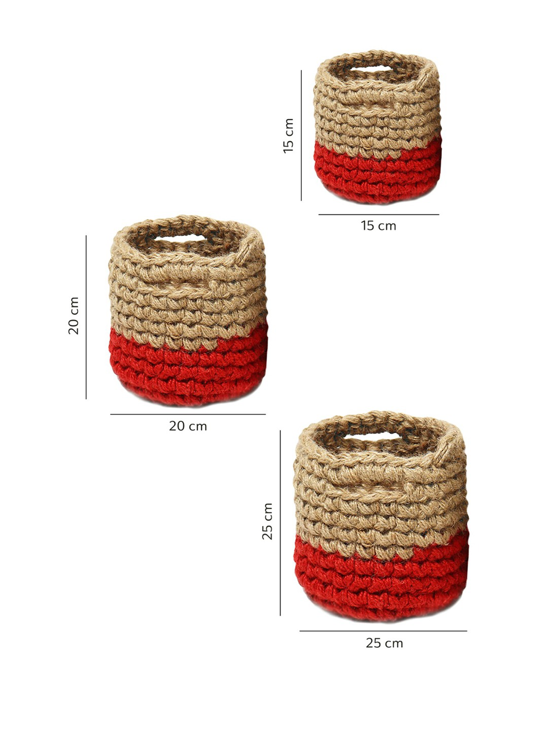 Beige and Red Set of 3 Color blocked Jute Crochet Baskets