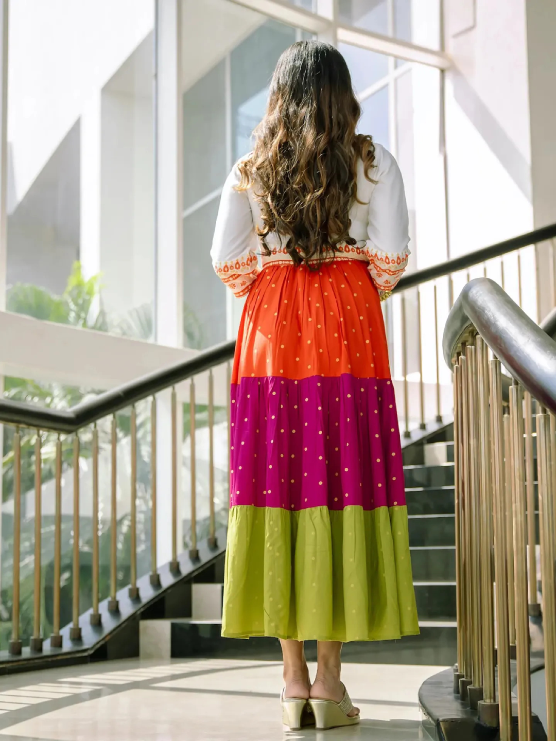 Off White Multicoloured Tiered Dress With Polka Prints And Gota Details