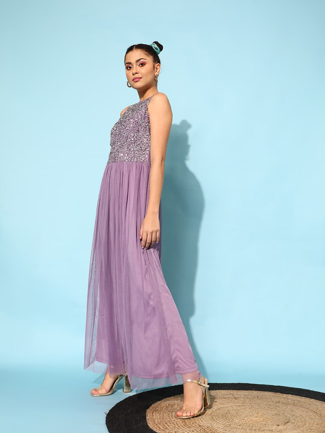 Women Elegant Lavender Solid Dress