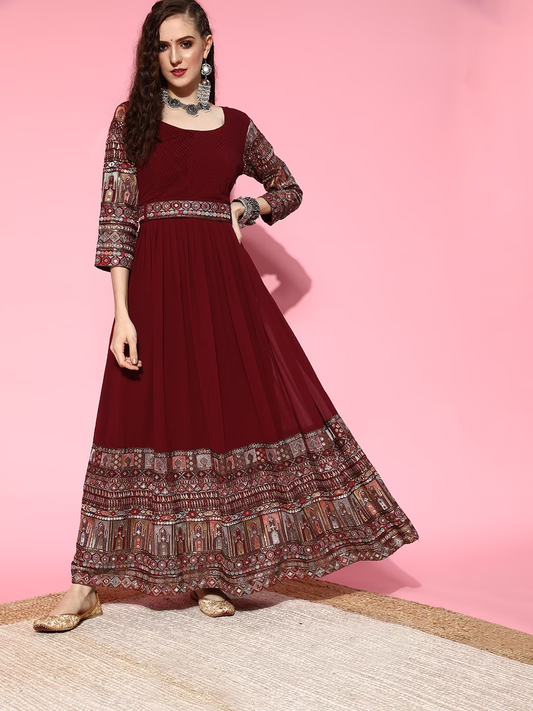 Women Charming Maroon Ethnic Motifs Gown for Days