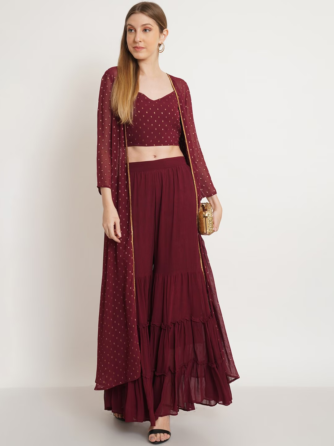 Women Maroon Top & Sharara With Shrug