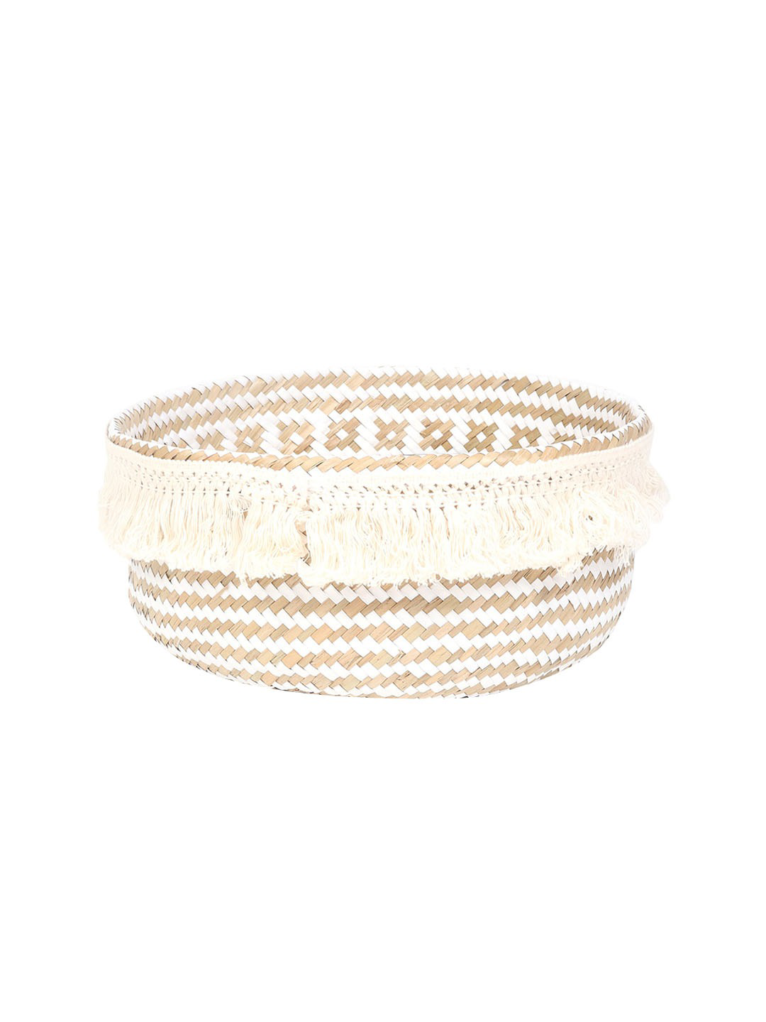 White & Beige Seagrass Belly Plant Medium Storage Basket with Tassels