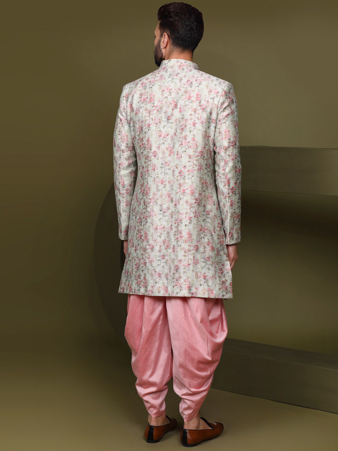 Men Woven Design Straight Sherwani Set