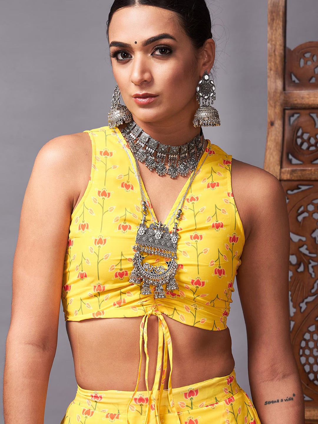 Yellow & Rust Floral Printed Ready to Wear Lehenga & Choli