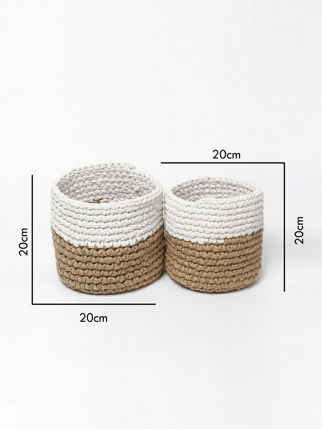 White and Brown Set of 2 Color blocked Jute Crochet Baskets
