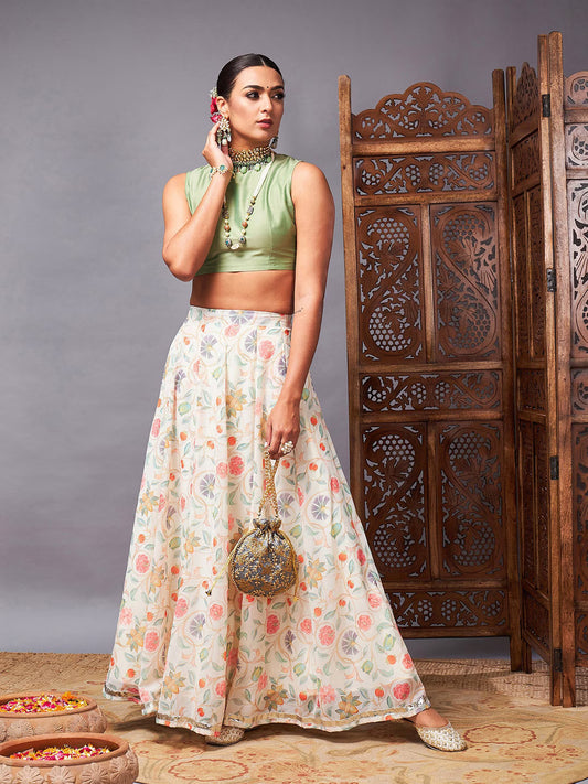 Green & Off White Floral Printed Ready to Wear Lehenga & Choli