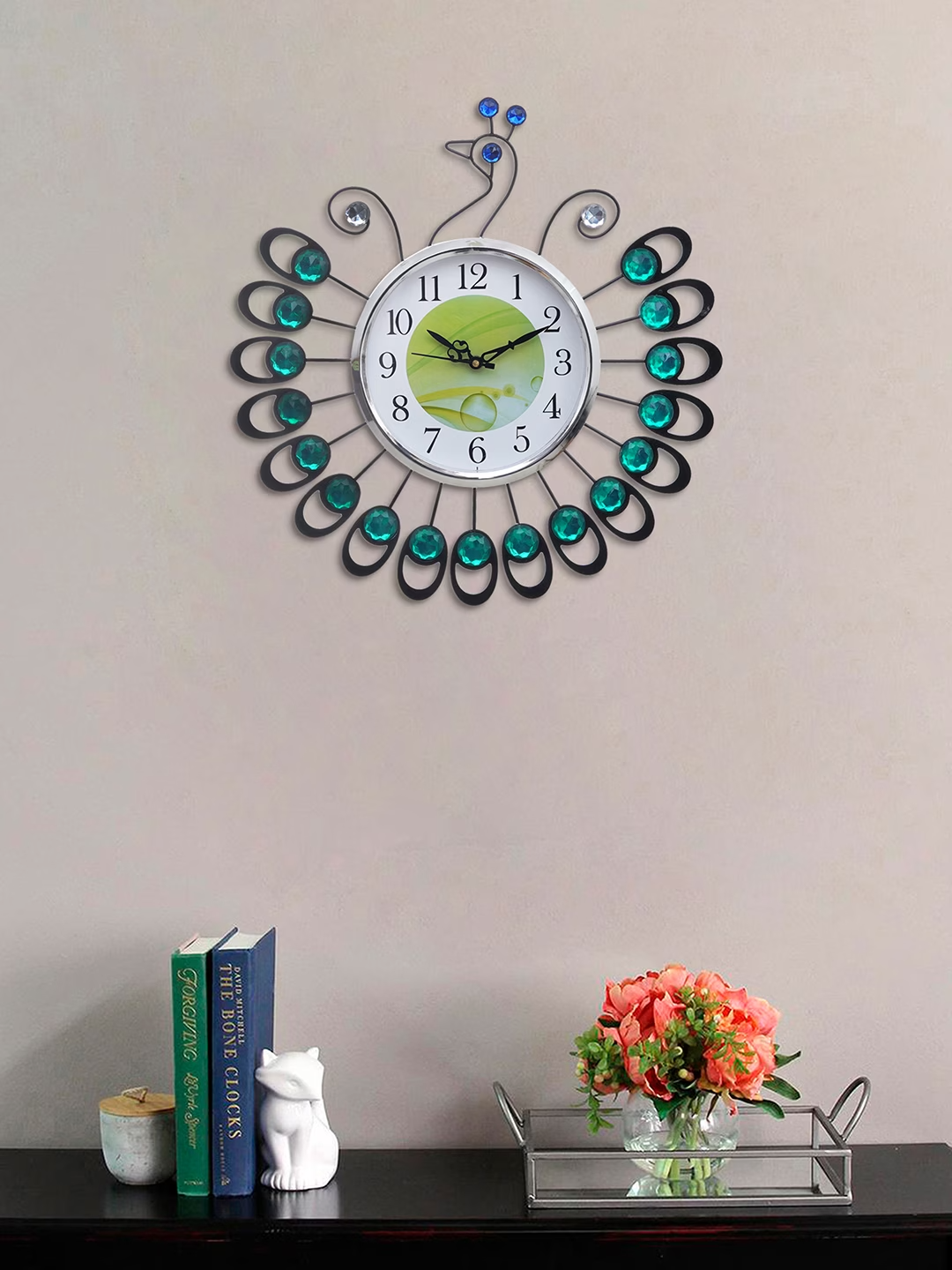 Green & White Embellished Analogue Contemporary Wall Clock