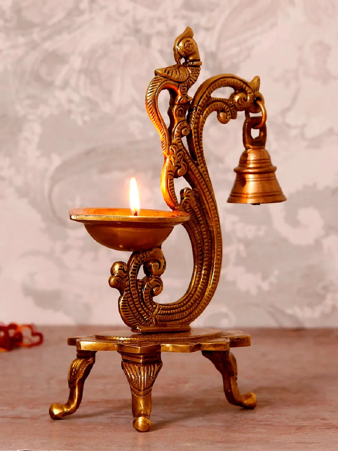 Antique Finish Brass Parrot Showpiece Diya with Bells and Stand