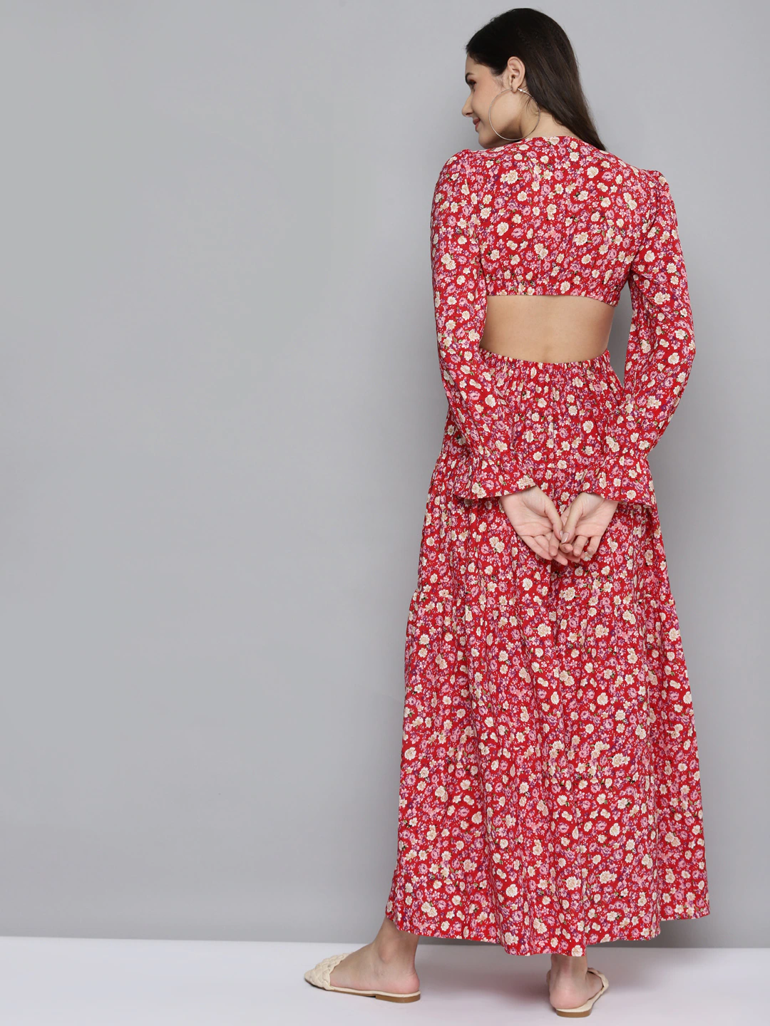Red & Beige Floral Waist Cut-Out Maxi Dress