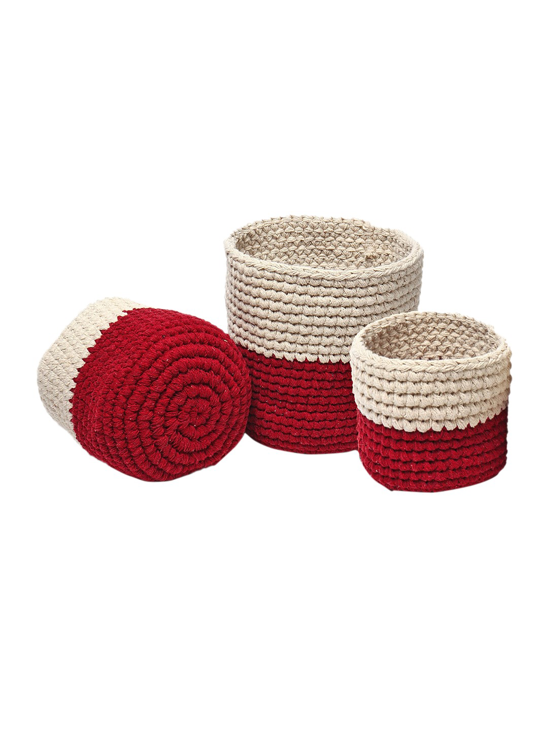 Maroon and Cream Set of 3 Color blocked Jute Crochet Baskets