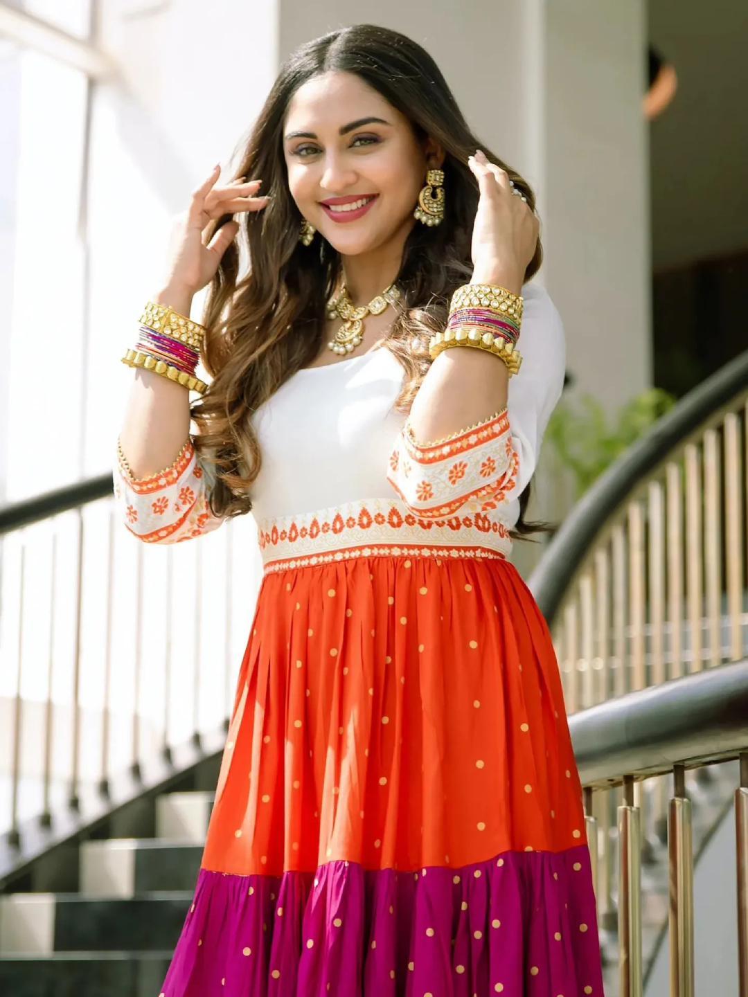 Off White Multicoloured Tiered Dress With Polka Prints And Gota Details